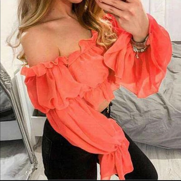 Orange Chiffon Long Sleeve Crop Blouse - Picture 3 of 4